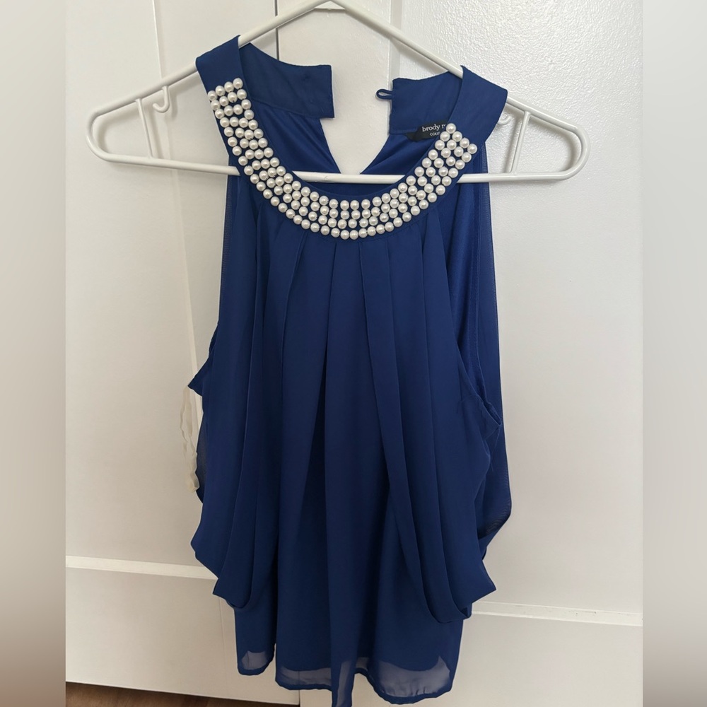 Blue Sleeveless Top with Pearl Detail